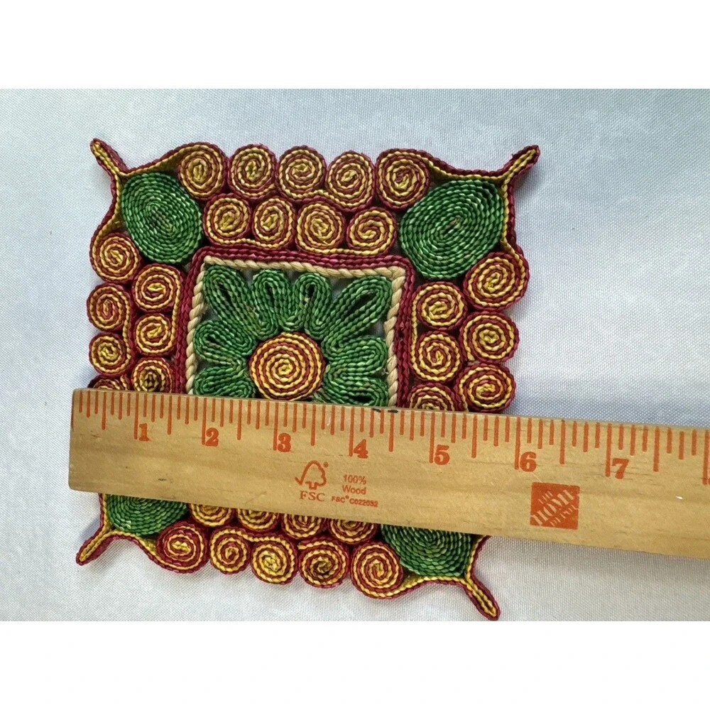 Pair Vintage 1970s Woven Straw Hot Pads Coiled Floral Trivets Boho Wall Decor